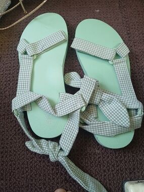 Mint Green Gingham Tie-Strap Sandals